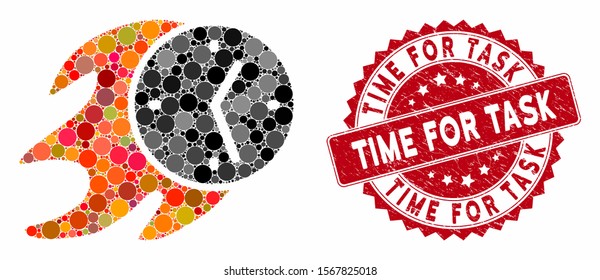 Mosaic fire deadline clock and rubber stamp seal with Time for Task phrase. Mosaic vector is designed with fire deadline clock icon and with scattered circle elements.