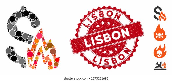 Mosaic fire disaster icon and distressed stamp seal with Lisbon phrase. Mosaic vector is created with fire disaster icon and with random circle items. Lisbon stamp seal uses red color,