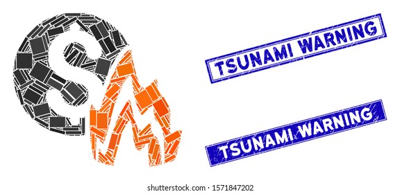 Mosaic fire disaster price pictogram and rectangle Tsunami Warning rubber prints. Flat vector fire disaster price mosaic pictogram of scattered rotated rectangle items.