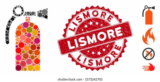 Mosaic fire extinguisher icon and corroded stamp seal with Lismore phrase. Mosaic vector is formed with fire extinguisher pictogram and with random spheric elements. Lismore stamp seal uses red color,