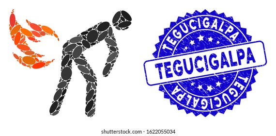 Mosaic fire farting icon and rubber stamp watermark with Tegucigalpa text. Mosaic vector is formed with fire farting pictogram and with random ellipse elements. Tegucigalpa stamp uses blue color,