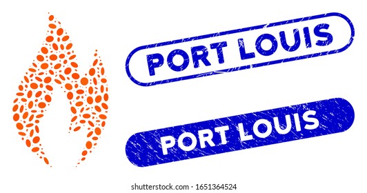 Mosaic fire flame and distressed stamp seals with Port Louis phrase. Mosaic vector fire flame is designed with random oval dots. Port Louis stamp seals use blue color, and have round rectangle shape.