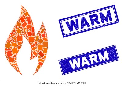 Mosaic fire flame icon and rectangular Warm rubber prints. Flat vector fire flame mosaic icon of randomized rotated rectangle items. Blue Warm seal stamps with rubber texture.
