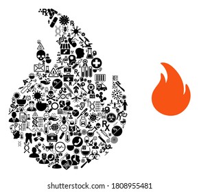 El fuego mosaico de íconos de salud e ícono básico. El fuego vectorial mosaico se crea a partir de íconos de salud. Ilustraciones abstractas de elementos para publicidad médica. La ilustración se basa en el pictograma de fuego.