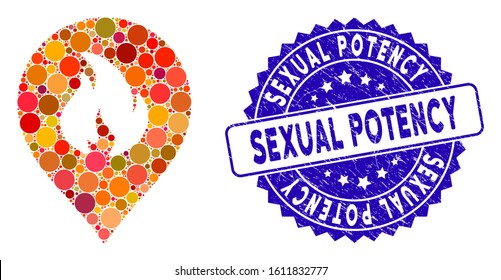 Mosaic fire marker icon and distressed stamp seal with Sexual Potency phrase. Mosaic vector is composed with fire marker pictogram and with random spheric elements.