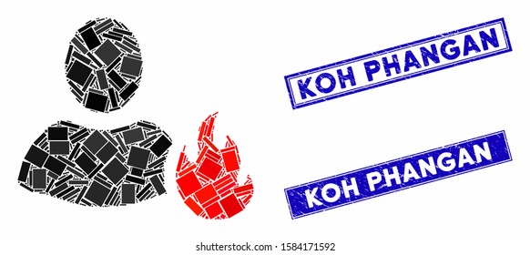 Mosaic fire pictogram and rectangular Koh Phangan seals. Flat vector fire mosaic icon of scattered rotated rectangular items. Blue Koh Phangan rubber seals with distress surface.