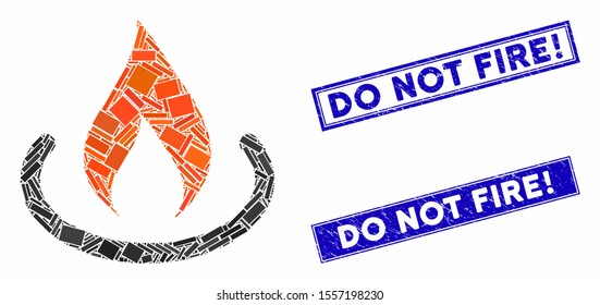 Mosaic fire place pictogram and rectangle seal stamps. Flat vector fire place mosaic pictogram of randomized rotated rectangle elements. Blue caption seal stamps with grunge surface.