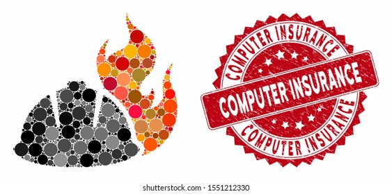 Mosaic fire protection helmet and rubber stamp watermark with Computer Insurance phrase. Mosaic vector is formed with fire protection helmet icon and with scattered round items.