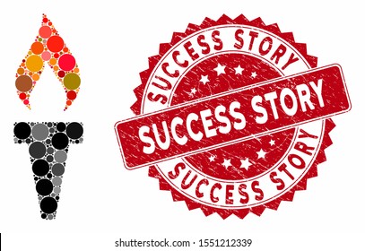 Mosaic Fire Torch And Grunge Stamp Seal With Success Story Phrase. Mosaic Vector Is Composed With Fire Torch Icon And With Randomized Spheric Spots. Success Story Stamp Uses Red Color,