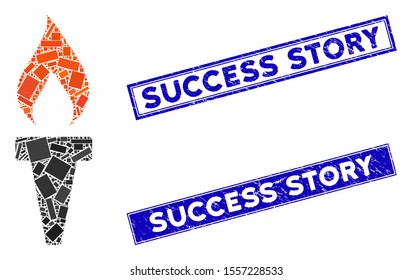 Mosaic fire torch icon and rectangular stamps. Flat vector fire torch mosaic pictogram of randomized rotated rectangular elements. Blue caption seal stamps with grunge texture.