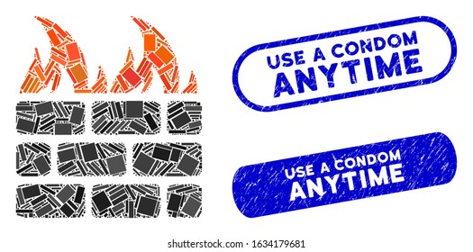 Mosaic fire wall and rubber stamp seals with Use a Condom Anytime caption. Mosaic vector fire wall is formed with randomized rectangle items. Use a Condom Anytime stamp seals use blue color,
