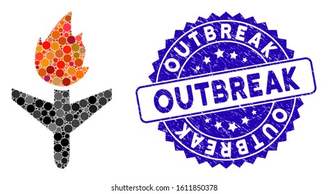 Mosaic fired aircraft icon and rubber stamp seal with Outbreak caption. Mosaic vector is formed with fired aircraft icon and with random round spots. Outbreak seal uses blue color,