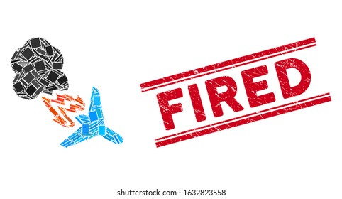Mosaic fired airplane pictogram and red Fired stamp between double parallel lines. Flat vector fired airplane mosaic pictogram of scattered rotated rectangular elements.