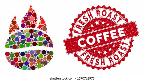 Mosaic fired coffee bean and corroded stamp watermark with Fresh Roast Coffee caption. Mosaic vector is composed with fired coffee bean icon and with scattered round elements.