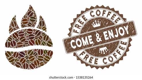 Mosaic fired coffee bean and rubber stamp watermark with Free Coffee Come & Enjoy text. Mosaic vector fired coffee bean is created with beans. Free Coffee Come & Enjoy stamp uses chocolate color.