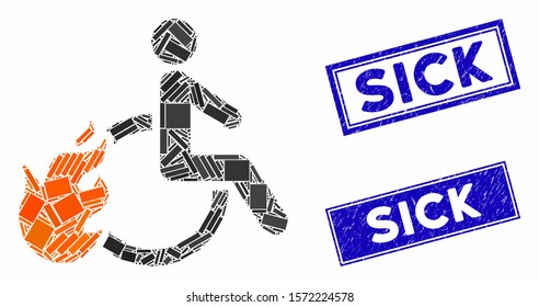 Mosaic fired disabled person icon and rectangular Sick seal stamps. Flat vector fired disabled person mosaic icon of randomized rotated rectangular items. Blue Sick seal stamps with grunge surface.