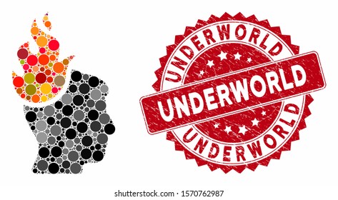 Mosaic fired head and distressed stamp seal with Underworld phrase. Mosaic vector is designed with fired head icon and with random round spots. Underworld stamp seal uses red color,