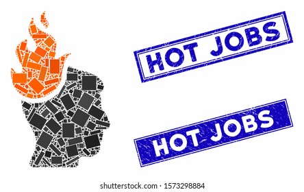 Mosaic fired head pictogram and rectangular Hot Jobs rubber prints. Flat vector fired head mosaic pictogram of scattered rotated rectangle elements. Blue Hot Jobs rubber stamps with rubber texture.