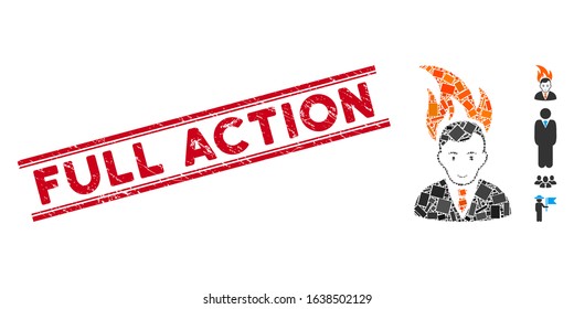 Mosaic fired manager icon and red Full Action seal between double parallel lines. Flat vector fired manager mosaic icon of random rotated rectangle elements.