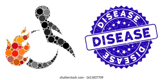 Mosaic fired patient icon and rubber stamp seal with Disease text. Mosaic vector is designed with fired patient icon and with scattered circle spots. Disease stamp seal uses blue color,