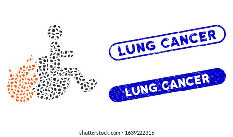 Mosaic fired patient and rubber stamp watermarks with Lung Cancer text. Mosaic vector fired patient is designed with randomized ellipse spots. Lung Cancer stamp seals use blue color,
