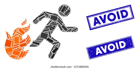 Mosaic fired running man pictogram and rectangle Avoid seals. Flat vector fired running man mosaic pictogram of randomized rotated rectangle items. Blue Avoid rubber seals with distress texture.