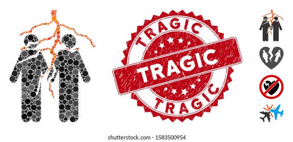 Mosaic firend conflict icon and distressed stamp seal with Tragic phrase. Mosaic vector is designed with firend conflict icon and with random circle elements. Tragic seal uses red color,