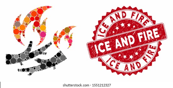 Mosaic firewood fire and grunge stamp watermark with Ice and Fire caption. Mosaic vector is composed with firewood fire icon and with randomized round spots. Ice and Fire stamp seal uses red color,