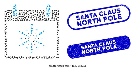 Mosaic fireworks boom calendar day and rubber stamp seals with Santa Claus North Pole caption. Mosaic vector fireworks boom calendar day is composed with random oval parts.