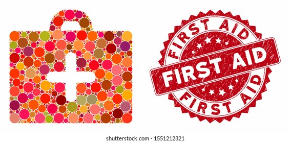 Mosaic first aid and corroded stamp seal with First Aid phrase. Mosaic vector is formed with first aid icon and with scattered round items. First Aid stamp seal uses red color, and dirty texture.