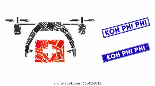 Mosaic first aid drone icon and rectangular Koh Phi seal stamps. Flat vector first aid drone mosaic icon of scattered rotated rectangular elements.