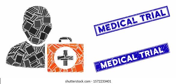 Mosaic first aid man pictogram and rectangle Medical Trial watermarks. Flat vector first aid man mosaic pictogram of random rotated rectangle elements.