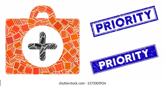 Mosaic first aid pictogram and rectangle Priority rubber prints. Flat vector first aid mosaic pictogram of random rotated rectangle elements. Blue Priority rubber stamps with distress textures.