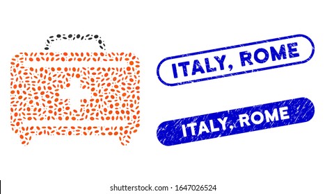 Juego de herramientas Mosaico de primeros auxilios y sellos de goma con la leyenda de Italia, Roma. El kit de herramientas de primeros auxilios de los vectores mosaicos está compuesto por piezas ovales aleatorias. Italia, los sellos de sello de Roma utilizan el color azul,