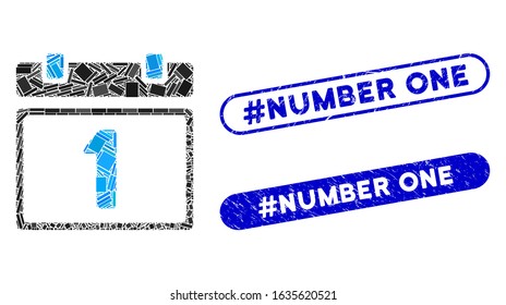 Mosaic first day calendar page and grunge stamp seals with #Number One phrase. Mosaic vector first day calendar page is formed with randomized rectangles. #Number One stamp seals use blue color,