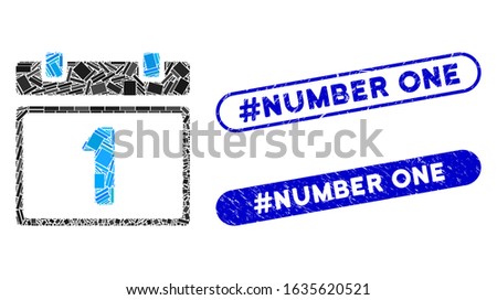 Mosaic first day calendar page and grunge stamp seals with #Number One phrase. Mosaic vector first day calendar page is formed with randomized rectangles. #Number One stamp seals use blue color,