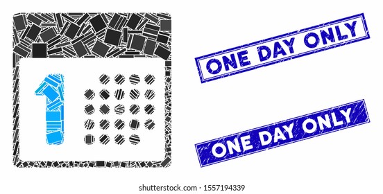 Mosaic first day icon and rectangular seal stamps. Flat vector first day mosaic icon of scattered rotated rectangle elements. Blue caption seal stamps with scratched surface.