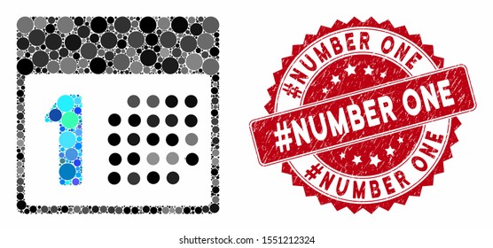 Mosaic first day and rubber stamp seal with #Number One caption. Mosaic vector is composed with first day icon and with scattered round items. #Number One stamp seal uses red color, and dirty surface.