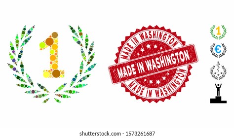 Mosaic first laurel wreath icon and grunge stamp watermark with Made in Washington phrase. Mosaic vector is composed with first laurel wreath icon and with randomized round items.