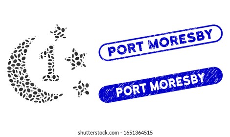 Mosaic first moon night and distressed stamp seals with Port Moresby text. Mosaic vector first moon night is created with randomized oval elements. Port Moresby stamp seals use blue color,