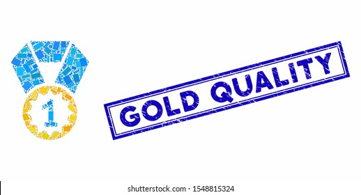 Mosaic First Place Medal And Distressed Stamp Watermark With Gold Quality Phrase. Mosaic Vector First Place Medal Is Designed With Randomized Rectangles. Gold Quality Stamp Uses Blue Color.