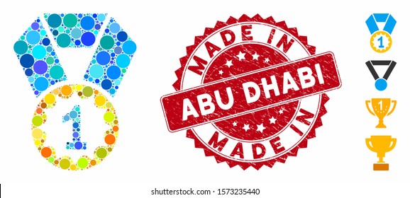 Mosaic first place medal icon and distressed stamp seal with Made in Abu Dhabi text. Mosaic vector is composed from first place medal pictogram and with randomized round items.