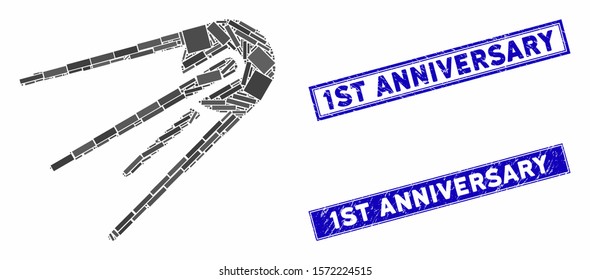 Mosaic first satellite pictogram and rectangle 1St Anniversary stamps. Flat vector first satellite mosaic pictogram of random rotated rectangle elements.