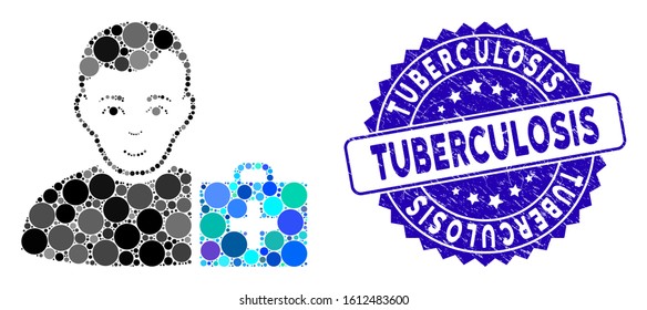 Mosaic first-aid man icon and corroded stamp watermark with Tuberculosis text. Mosaic vector is designed with first-aid man icon and with randomized spheric spots. Tuberculosis stamp uses blue color,