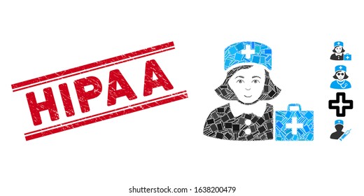 Mosaic first-aid nurse pictogram and red Hipaa seal stamp between double parallel lines. Flat vector first-aid nurse mosaic icon of random rotated rectangular elements.