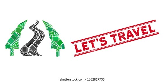 Mosaic fir-tree alley road icon and red Let'S Travel rubber print between double parallel lines. Flat vector fir-tree alley road mosaic icon of random rotated rectangular items.