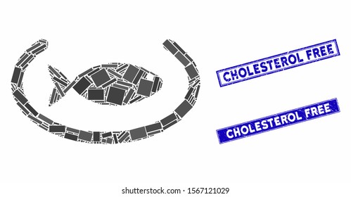 Mosaic fish container ring icon and rectangle watermarks. Flat vector fish container ring mosaic icon of random rotated rectangle elements. Blue caption watermarks with rubber surface.