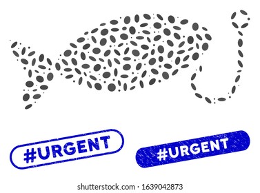 Mosaic fish hook and distressed stamp seals with #Urgent caption. Mosaic vector fish hook is formed with randomized elliptic elements. #Urgent stamp seals use blue color,