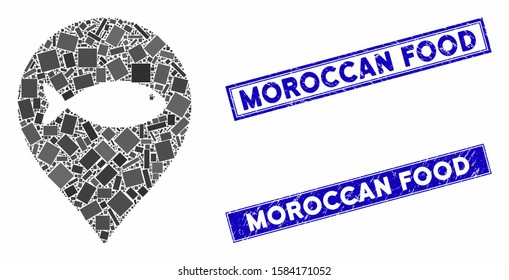 Mosaic fish marker pictogram and rectangle Moroccan Food seal stamps. Flat vector fish marker mosaic pictogram of random rotated rectangle items. Blue Moroccan Food stamps with corroded textures.