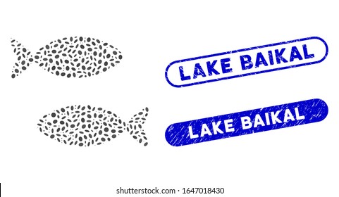 Mosaic fish pair and grunge stamp seals with Lake Baikal phrase. Mosaic vector fish pair is created with random elliptic dots. Lake Baikal stamp seals use blue color, and have round rectangle shape.